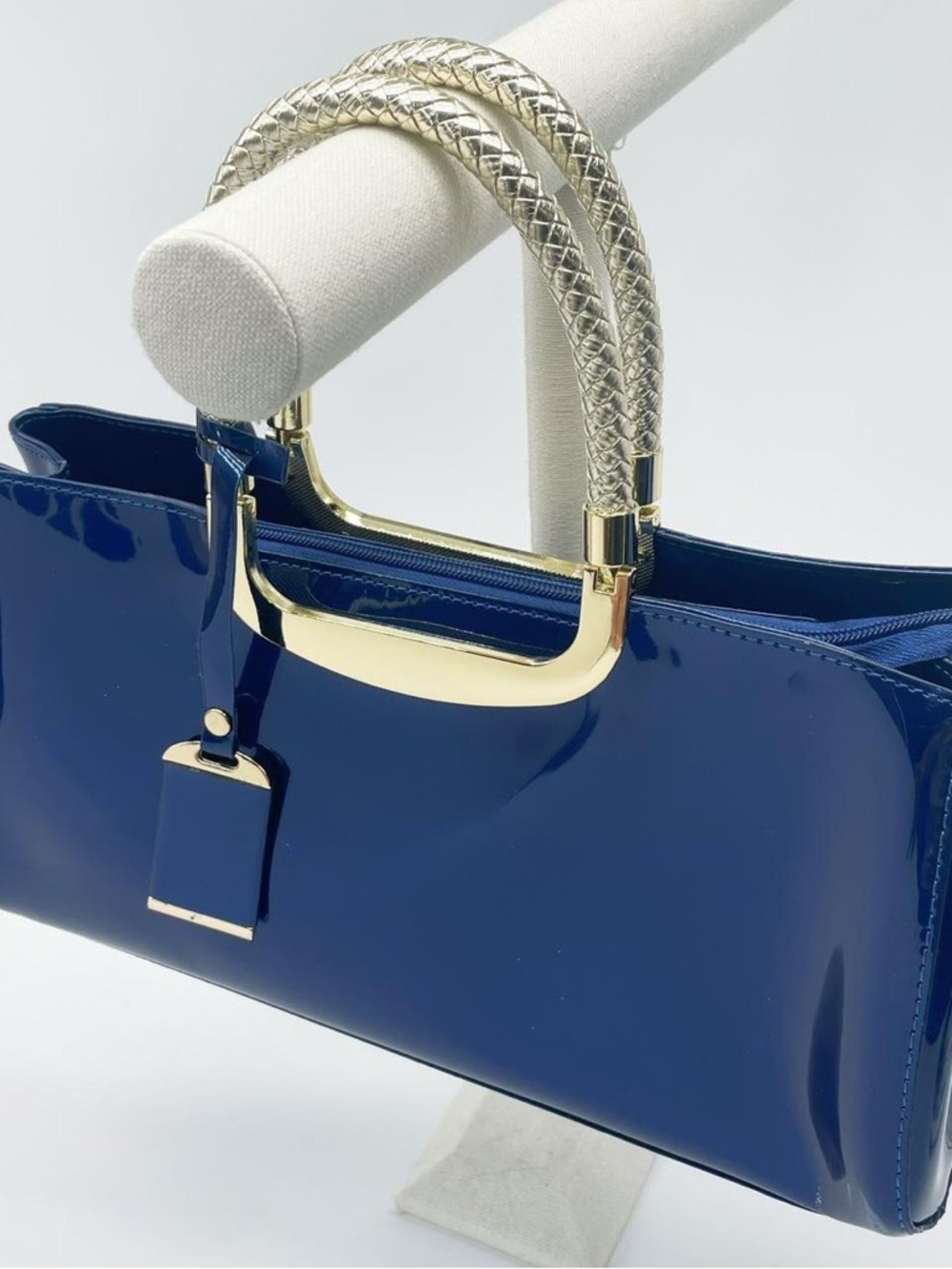 Shiny Navy Shoulder Bag with Gold Braided Handles